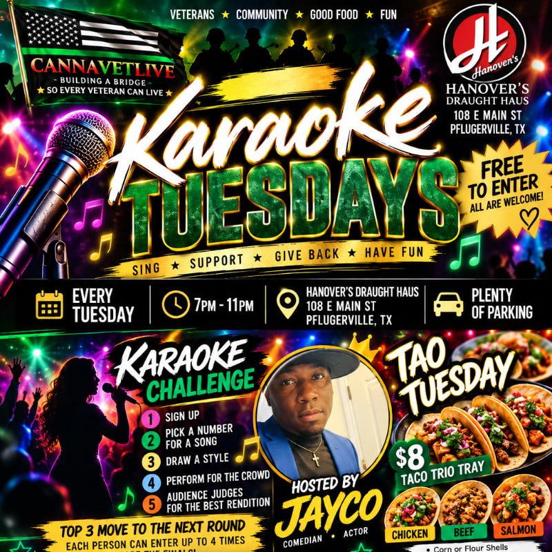 A colorful promotional flyer for "Karaoke Tuesdays" features a microphone and bold text in the foreground, with a background containing images of veterans, a host, and tacos.