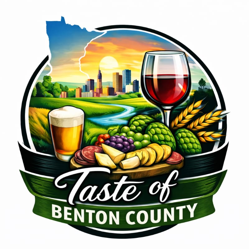 A glass of red wine, a beer, and a charcuterie board sit in the foreground against a background of a rural landscape and a city skyline under a sunset sky.