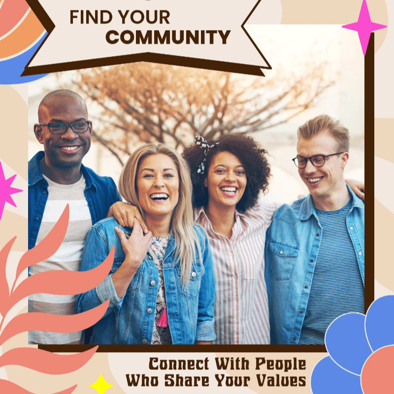 Four smiling friends stand together in the foreground against a blurred outdoor background of trees and buildings, framed by graphic text and colorful shapes.