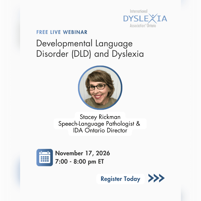 A promotional flyer for a free live webinar on Developmental Language Disorder and Dyslexia features a portrait of Stacey Rickman and event details against a plain white background.