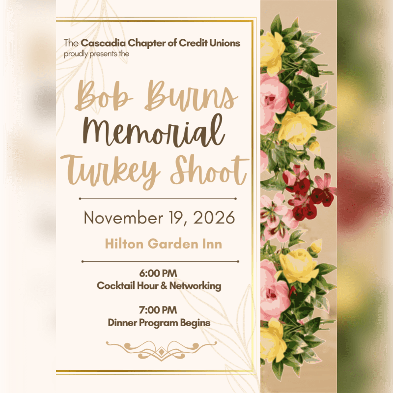 An event invitation for the Bob Burns Memorial Turkey Shoot is centered in the foreground, set against a blurred background with a vertical floral border on the right.