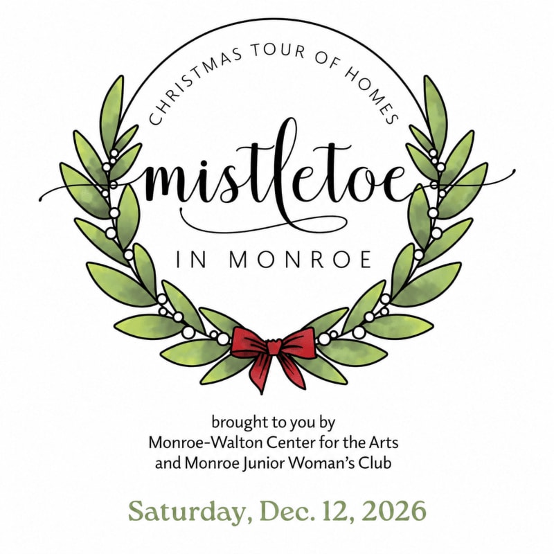 A festive logo for the "Mistletoe in Monroe" Christmas Tour of Homes featuring a green leaf wreath with a red bow centered on a plain white background.