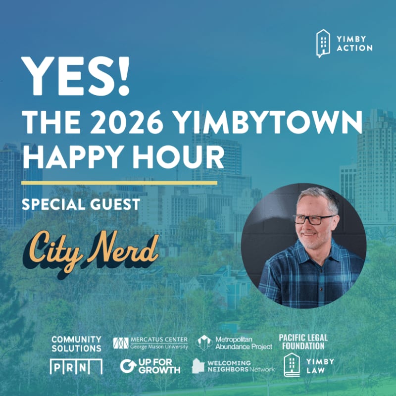 White and yellow text announcing "The 2026 Yimbytown Happy Hour" with a portrait of "City Nerd" sits in the foreground over a blurred blue-toned city skyline background.