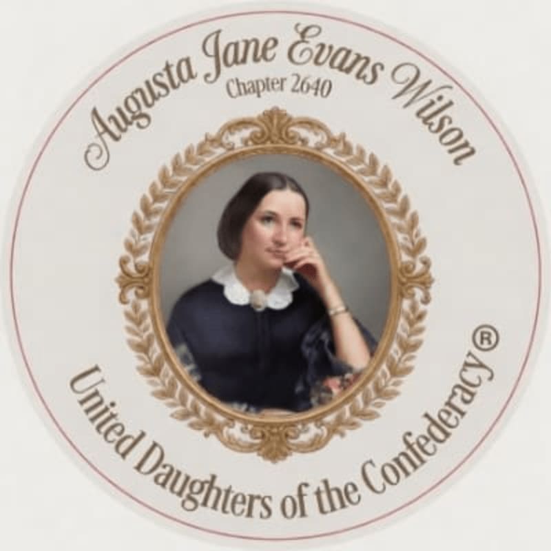 A portrait of Augusta Jane Evans Wilson is framed by a golden wreath and surrounded by text from the United Daughters of the Confederacy.