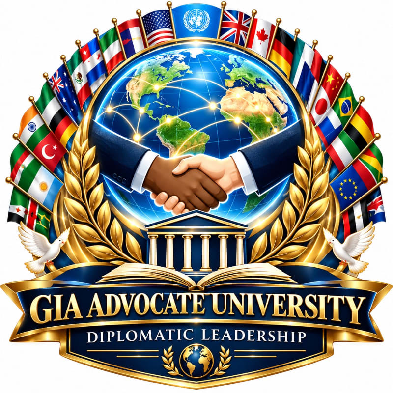 Two hands shake in the foreground above a university crest, set against a background of a glowing globe surrounded by a circle of international flags.