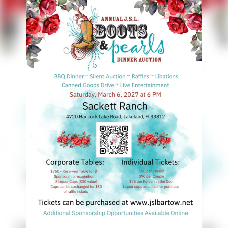 An event flyer for the "Annual J.S.L. Boots & Pearls Dinner Auction" features event details and pricing in the center, framed by red roses and greenery in the foreground and a light blue watercolor background.