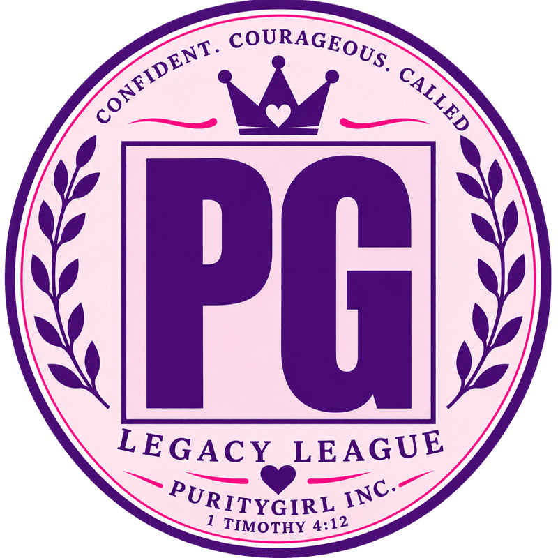 Large purple letters "PG" are centered within a square, surrounded by a circular border featuring a crown, laurel leaves, and inspirational text on a light pink background.