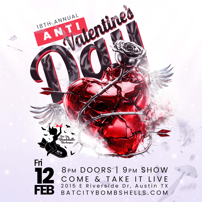 A cracked, winged red heart wrapped in barbed wire and topped with a silver rose sits in the foreground against a white background featuring event text and graphics.