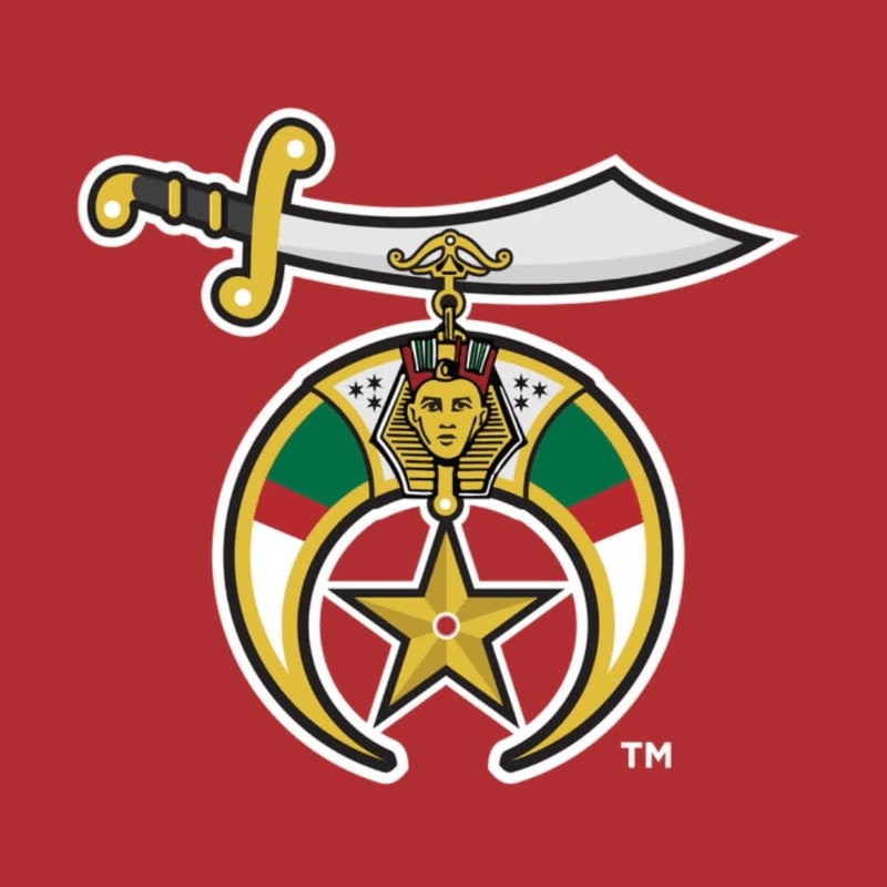 A curved sword rests above a crescent moon containing a gold star and an Egyptian pharaoh, all set against a solid red background.
