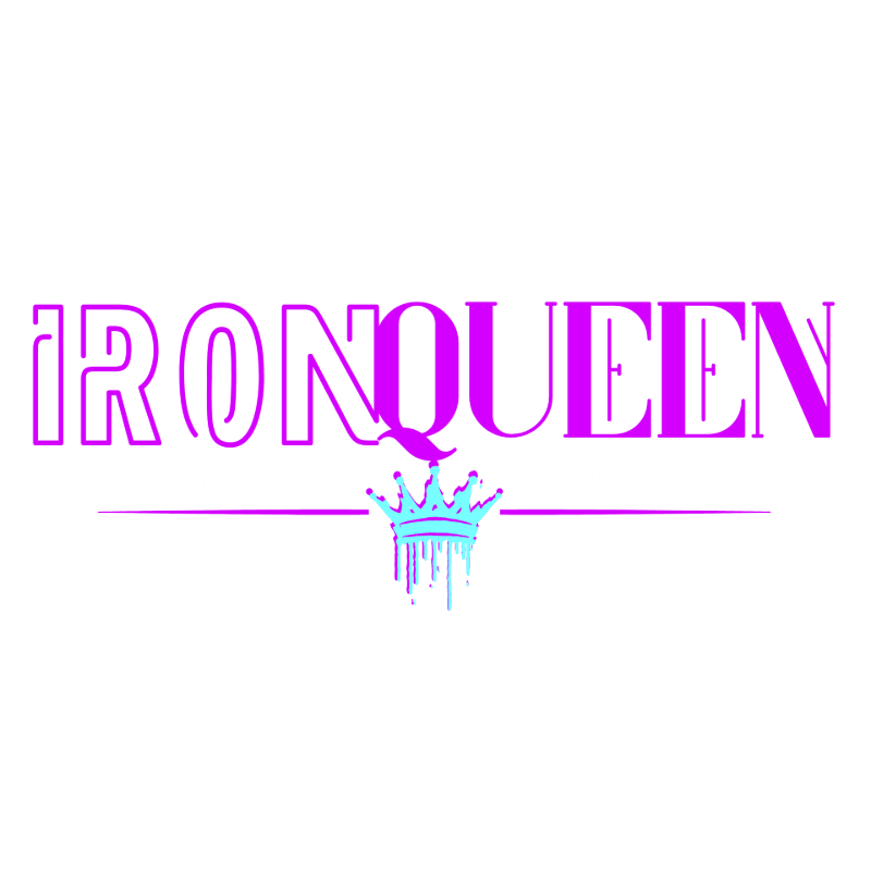 The words "IRON QUEEN" in purple text and a dripping blue crown are centered against a plain white background.