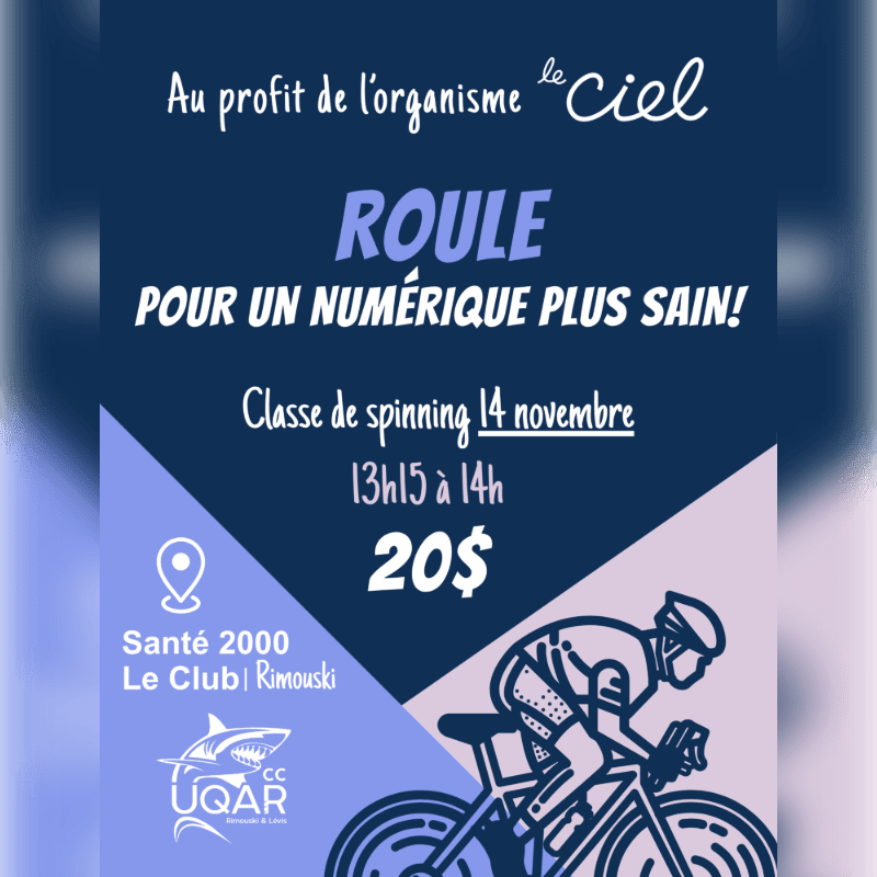 A stylized illustration of a cyclist on a bike sits in the foreground against a dark blue and purple split-tone background featuring event details for a spinning class.