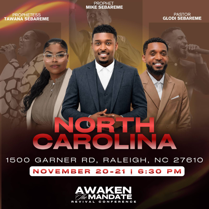 Three smiling religious leaders stand in the foreground against a golden-brown background featuring faded images of themselves and event details for a revival conference in North Carolina.