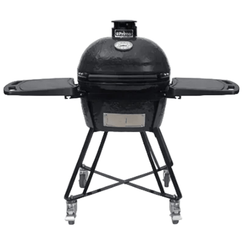 A black ceramic kamado grill with side shelves and a wheeled stand sits against a plain white background.