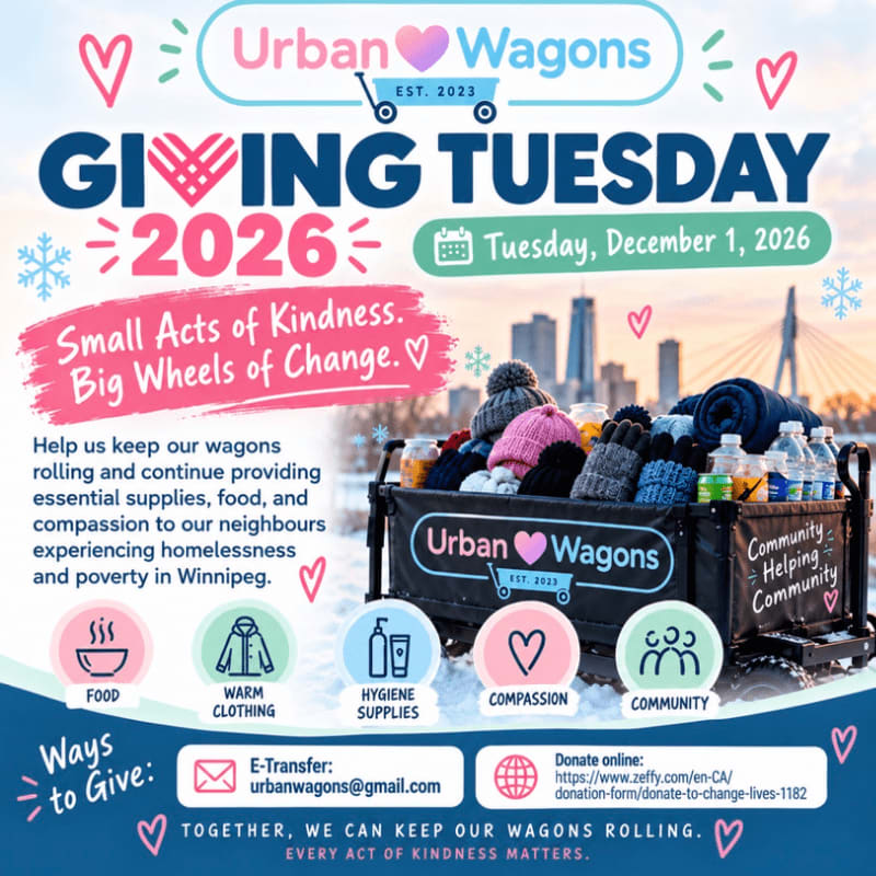 A promotional flyer for "Urban Wagons" Giving Tuesday 2026 features a wagon filled with winter supplies in the foreground against a city skyline background.