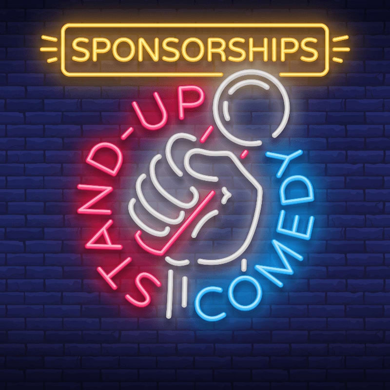 Neon signs reading "SPONSORSHIPS" and "STAND-UP COMEDY" with a microphone graphic glow against a dark blue brick wall.