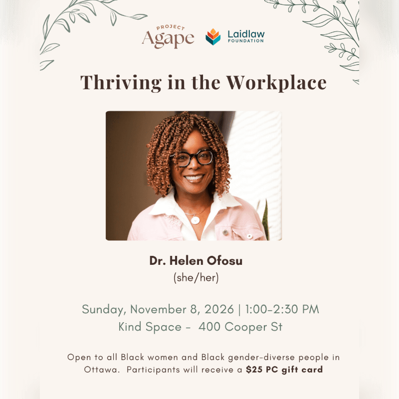 A portrait of Dr. Helen Ofosu is centered on a white background featuring event details for "Thriving in the Workplace" and decorative leaf illustrations in the corners.