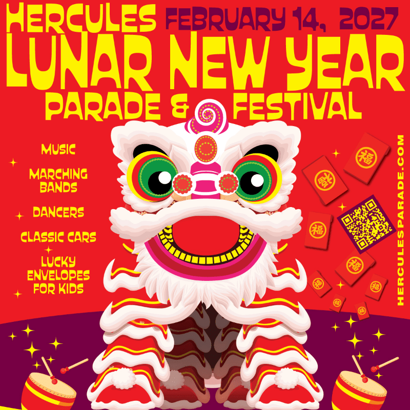 A stylized white and red Chinese lion dance costume stands in the foreground against a red background featuring event text and floating red envelopes.