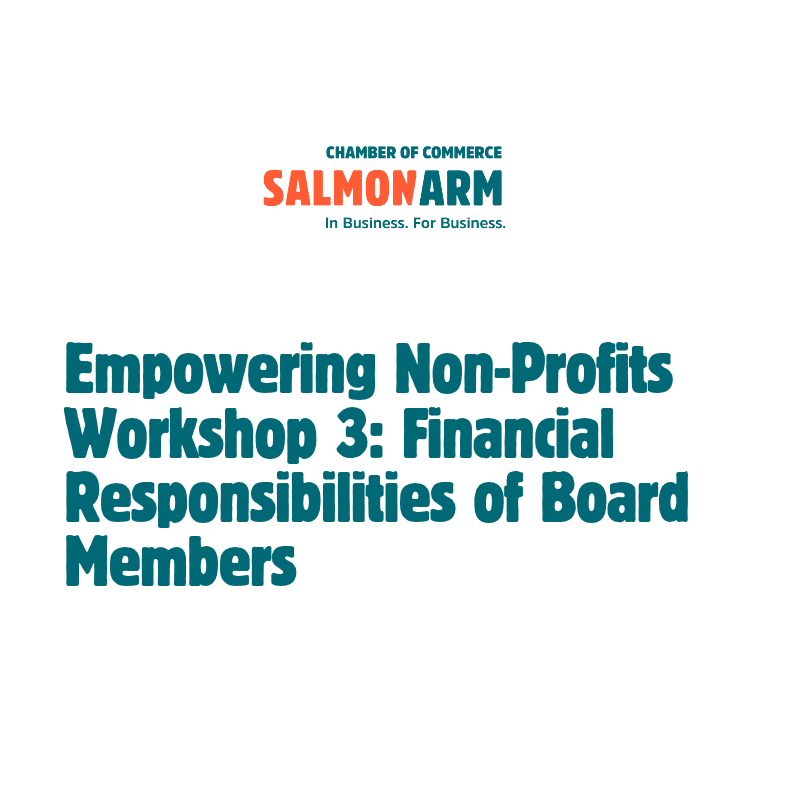 Bold teal text announcing a non-profit workshop is centered against a plain white background, with the Salmonarm Chamber of Commerce logo positioned above.