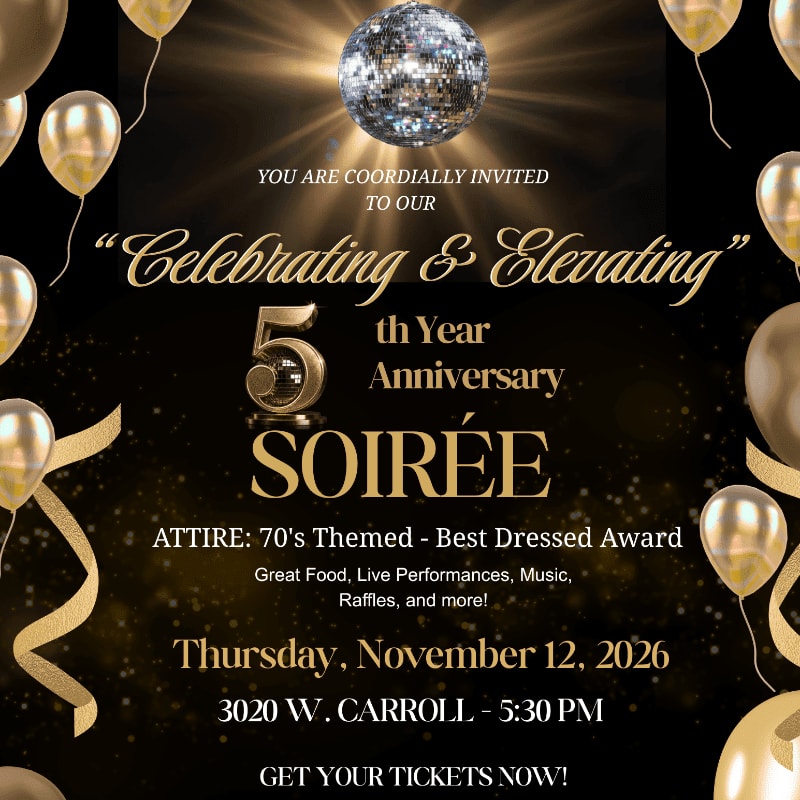 Gold balloons and ribbons frame a black background featuring a disco ball and gold text inviting guests to a 5th year anniversary soirée.