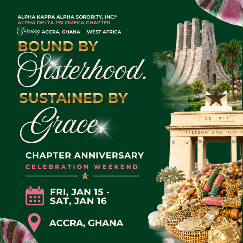 Gold and white text announcing a chapter anniversary celebration sits in the foreground against a dark green background featuring Ghanaian landmarks and traditional jewelry.