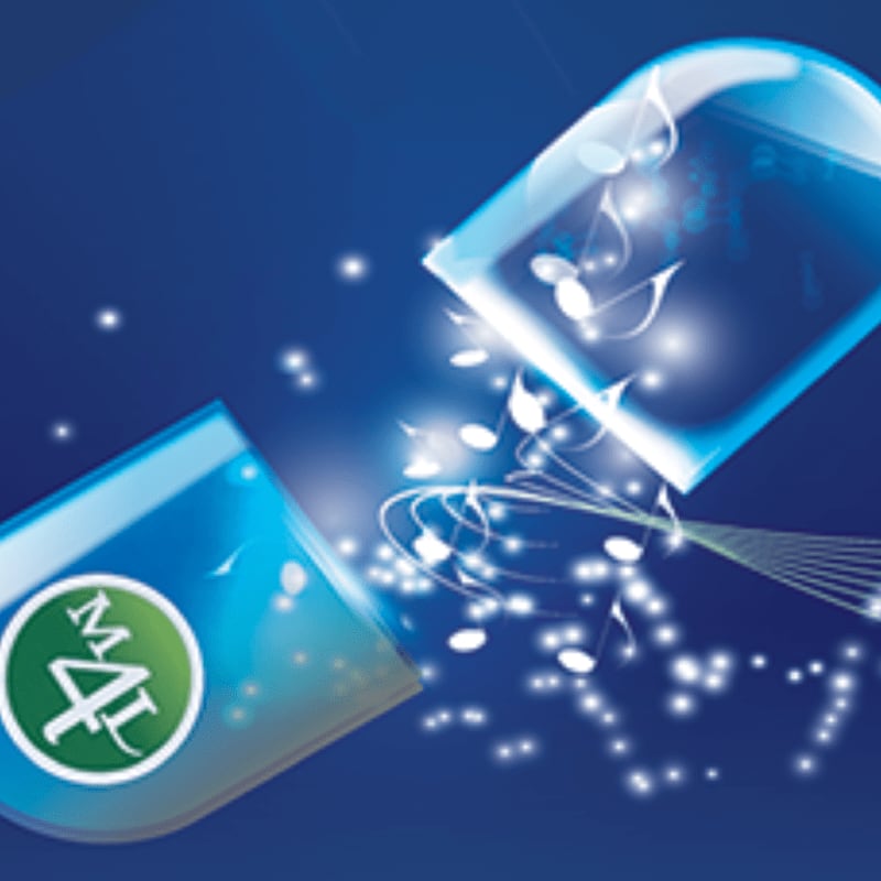 Two blue translucent cubes release glowing musical notes into a dark blue starry background.