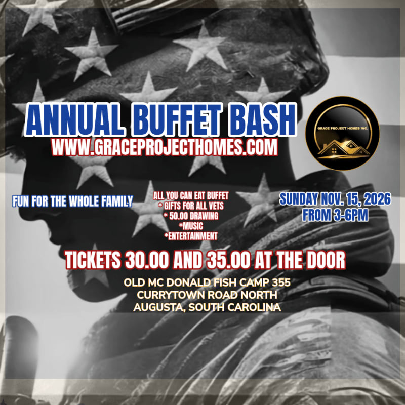 Event details for an "Annual Buffet Bash" are overlaid in colorful text on a grayscale background featuring a soldier with an American flag pattern.