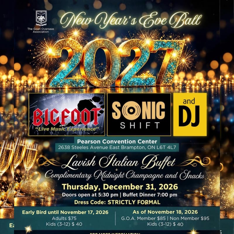A gold and blue "2027" announcement for a New Year's Eve Ball sits in the foreground against a blurred, sparkling gold bokeh background.