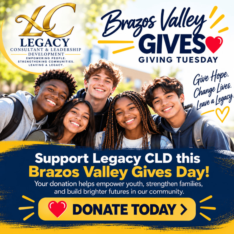 Four smiling teenagers stand in the foreground of a promotional flyer for Legacy CLD, with a blurred outdoor background and bold text overlays.