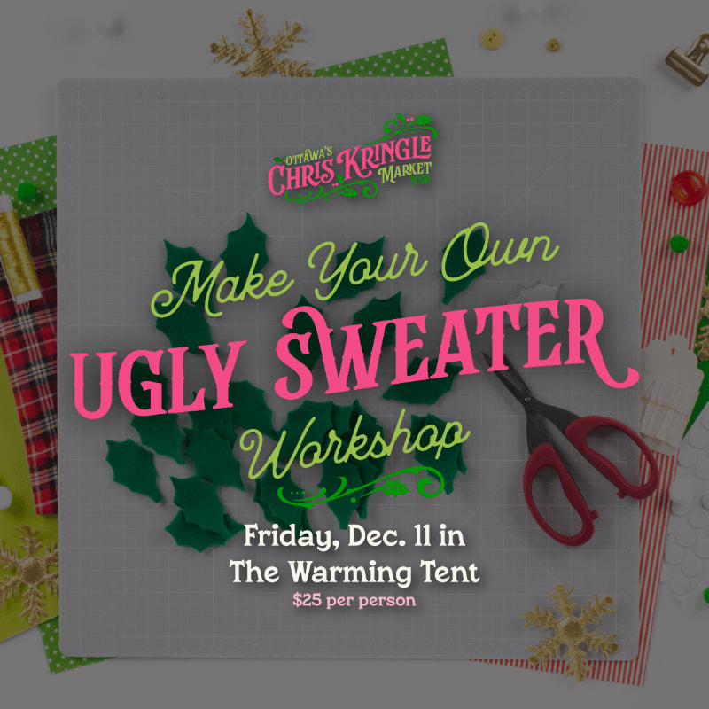 Text advertising an "Ugly Sweater Workshop" is centered over green felt leaves and red scissors, set against a background of craft supplies and festive patterns.