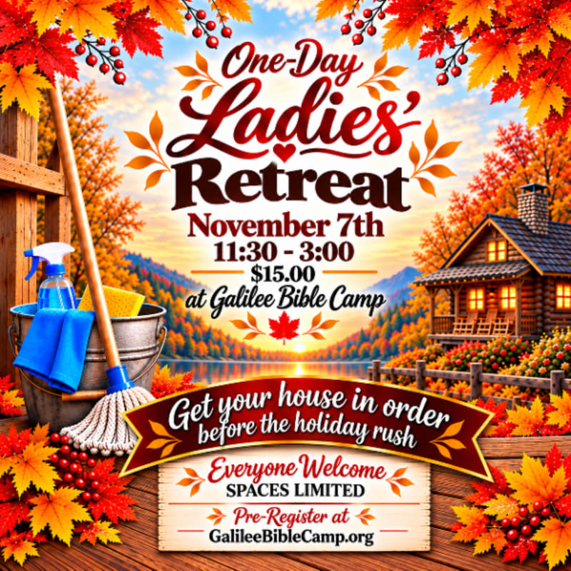 A promotional flyer for a "One-Day Ladies' Retreat" features cleaning supplies in a bucket in the foreground and a cozy log cabin by a lake with autumn foliage in the background.