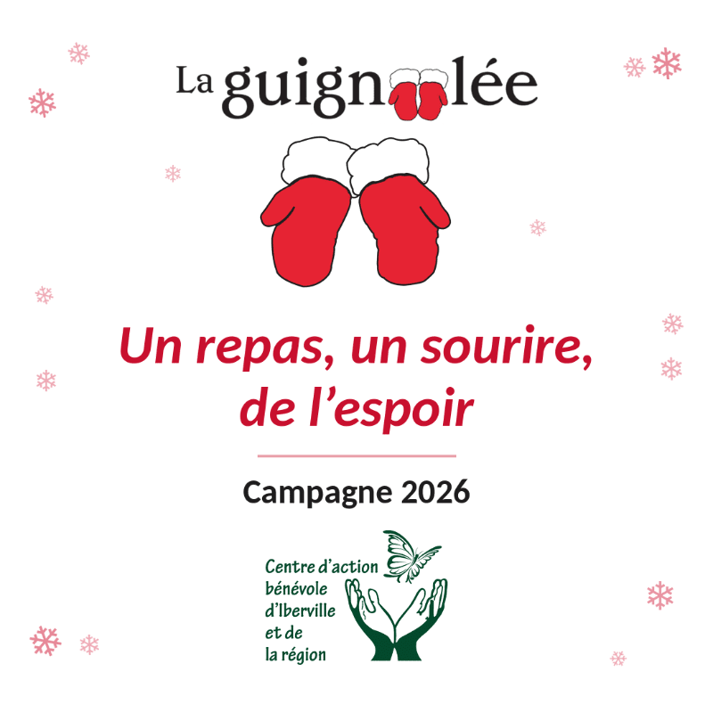 Red mittens and French text are centered in the foreground against a white background decorated with small red snowflakes.