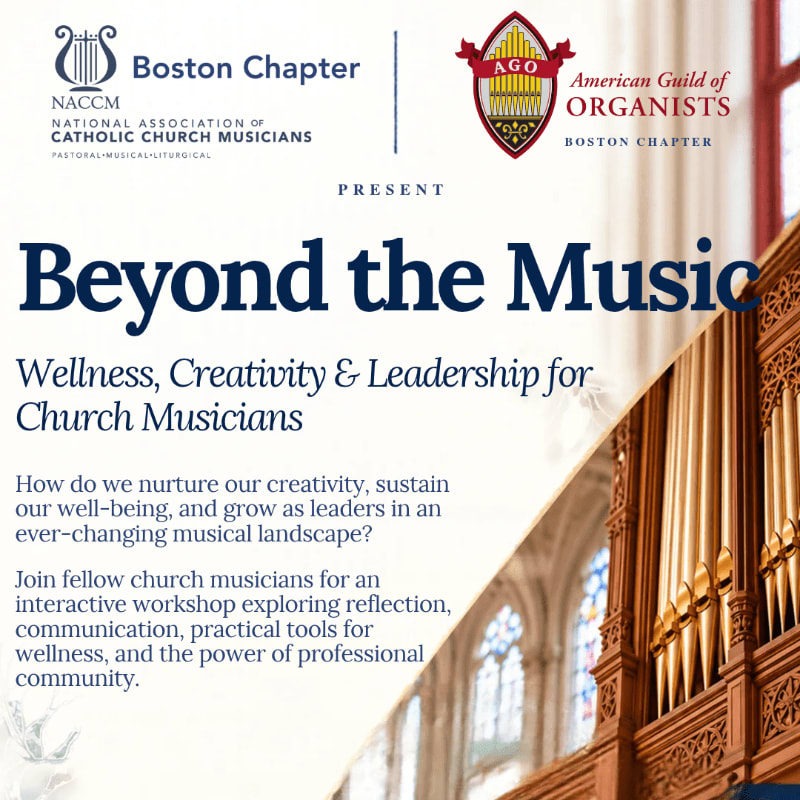 Text promoting a workshop titled "Beyond the Music" is overlaid on a blurred background of a church interior featuring a large pipe organ.