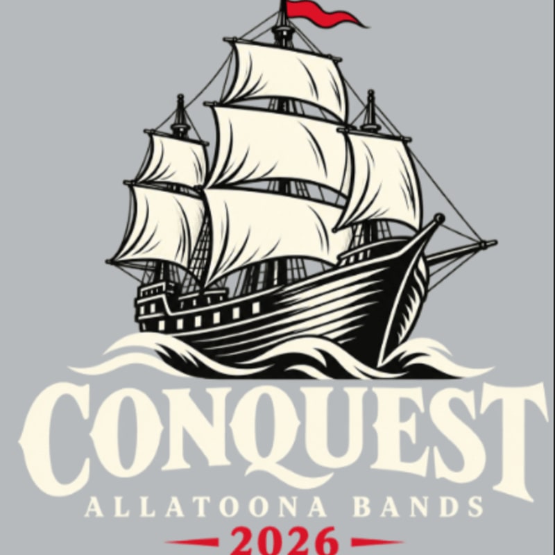 A sailing ship with white sails and a red flag floats on stylized waves above the text "CONQUEST ALLATOONA BANDS 2026" against a solid gray background.