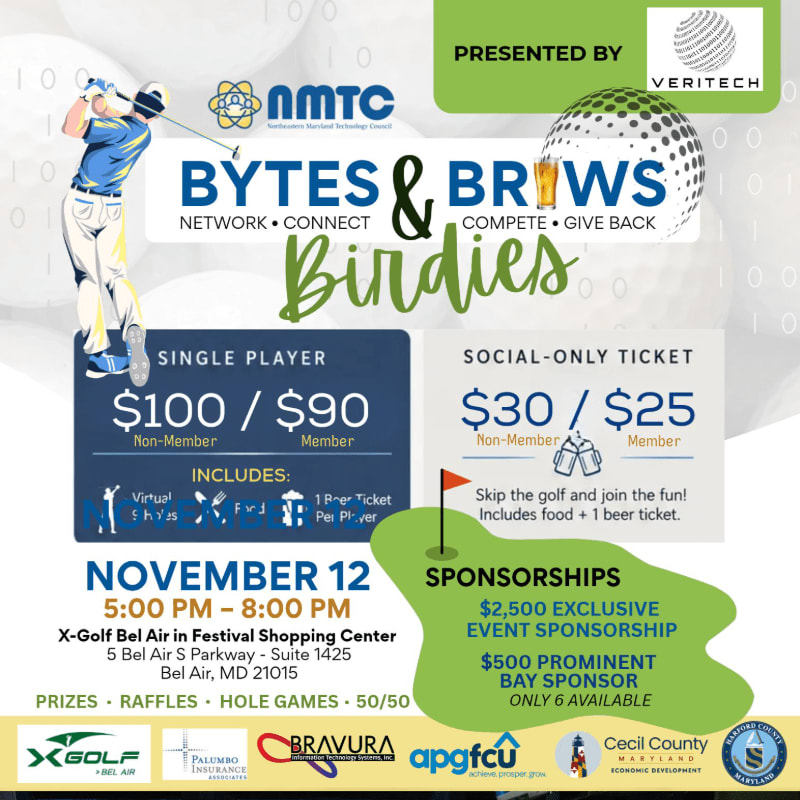 A promotional flyer for a "Bytes & Brews & Birdies" event features a golfer and golf ball in the foreground against a light-colored background with binary code patterns.