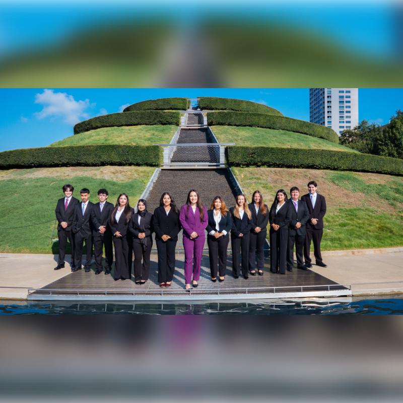 A group of professionals in business attire stands in the foreground before a large, tiered grassy hill with a central staircase and a tall building in the background.