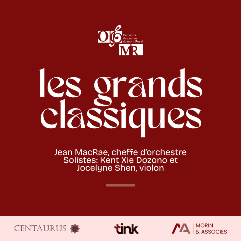 White text detailing a classical music performance is centered against a solid deep red background.