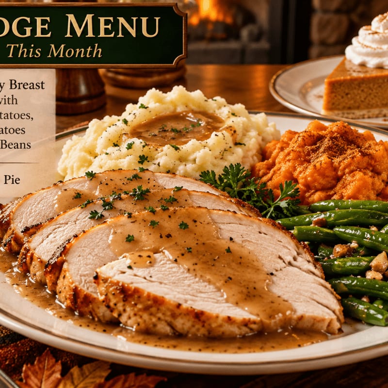 Slices of roasted turkey with gravy, mashed potatoes, and green beans sit on a plate in the foreground, with a pumpkin pie and a cozy fireplace in the background.