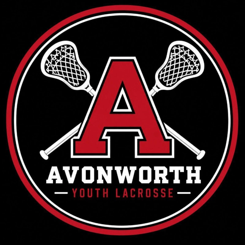 A red letter "A" and two crossed lacrosse sticks sit in the foreground of a circular logo against a black background.