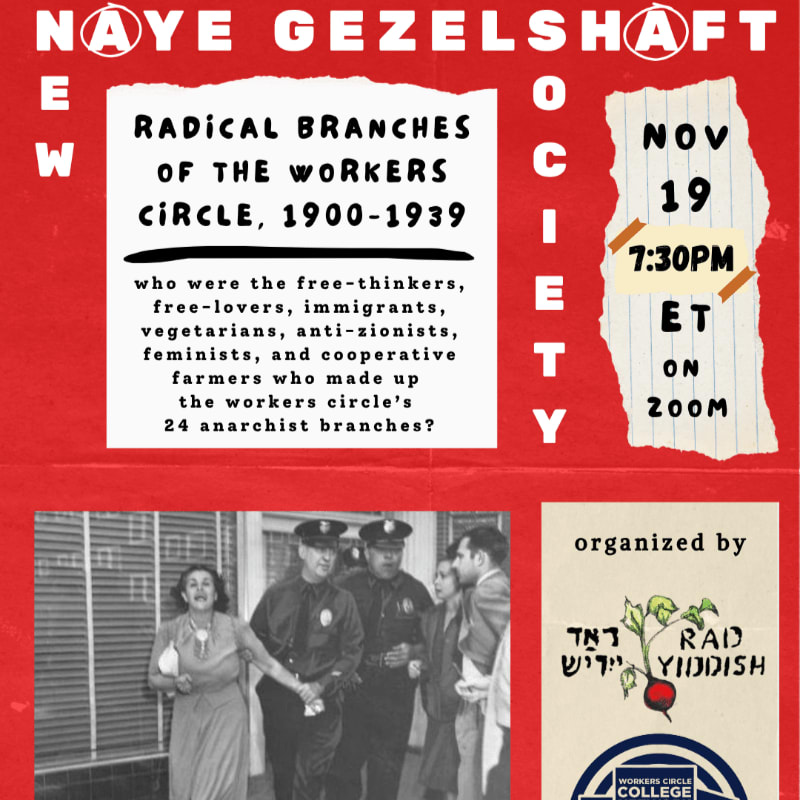 A red event flyer features text about the Workers Circle and a black-and-white photo of police officers in the foreground, set against a red background with a white torn paper element.