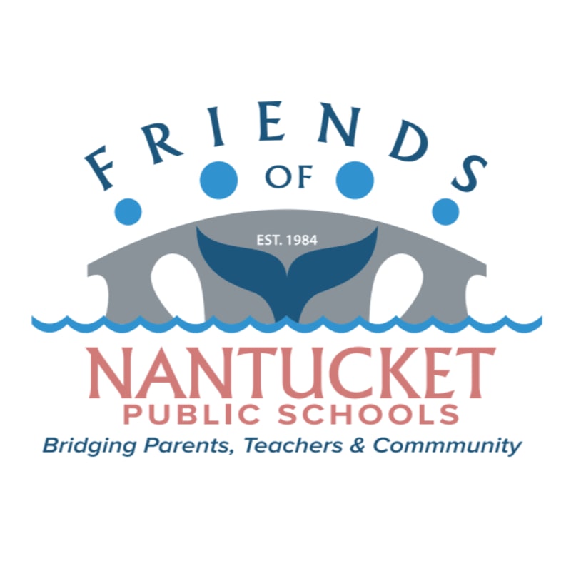 A logo featuring a whale tail and bridge silhouette over blue waves, with the text "FRIENDS OF NANTUCKET PUBLIC SCHOOLS" set against a plain white background.