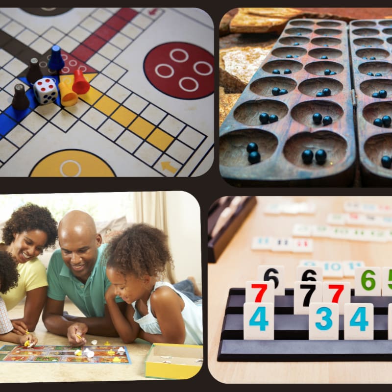 A collage featuring close-ups of board games and a family playing together in a living room.