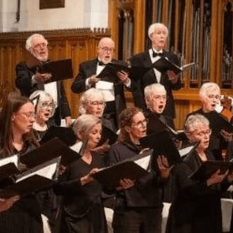 A choir of singers in black attire performs with a conductor in the foreground, set against the wooden interior of a church.