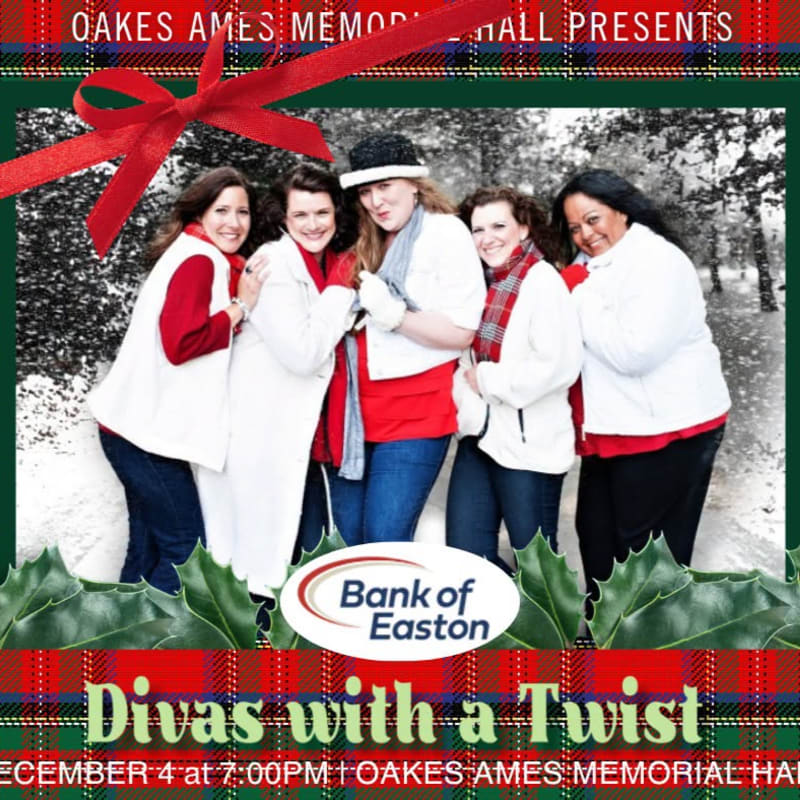 Five women in white jackets and red shirts stand together in a snowy forest, framed by a festive red ribbon and holiday greenery with event text.