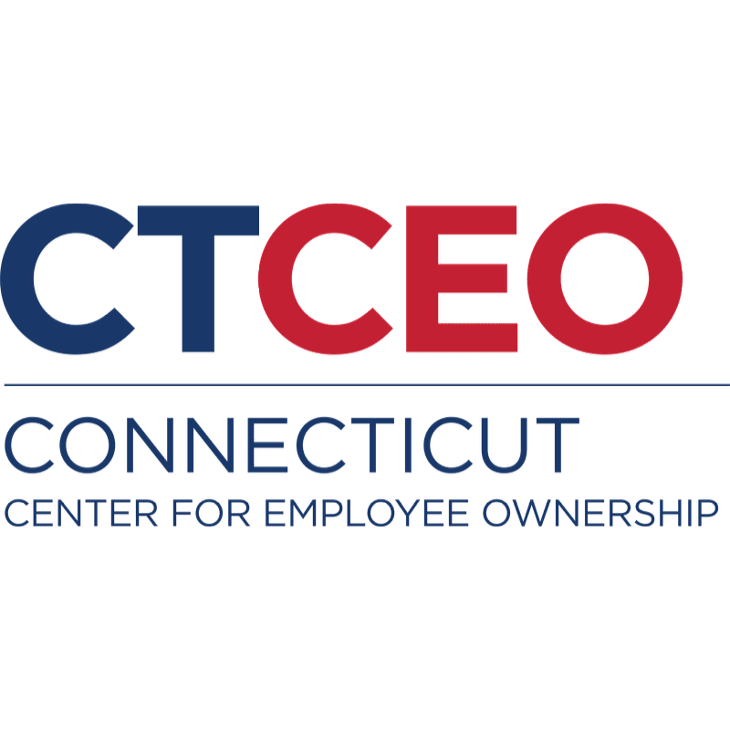 The logo for the Connecticut Center for Employee Ownership features blue and red text in the foreground against a plain white background.