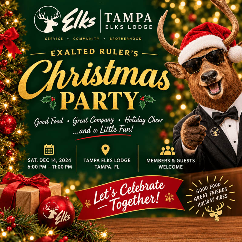 A reindeer in a tuxedo and Santa hat points toward a Christmas party invitation set against a festive background of glowing holiday lights and a decorated tree.