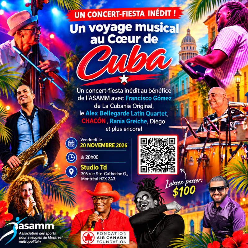 A colorful concert poster features various musicians playing instruments in the foreground against a vibrant background of Cuban architecture and tropical palm trees.