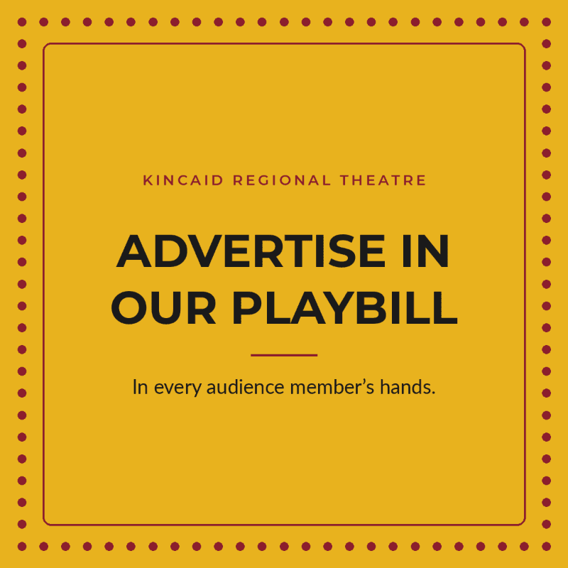 Bold black and red text advertising playbill opportunities sits centered on a yellow background framed by a red border and dotted perimeter.