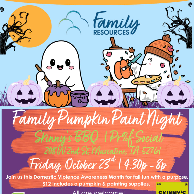 Two cute ghosts paint pumpkins in a spooky outdoor setting with a large orange moon and bare trees, above a purple and orange event flyer for "Family Pumpkin Paint Night."
