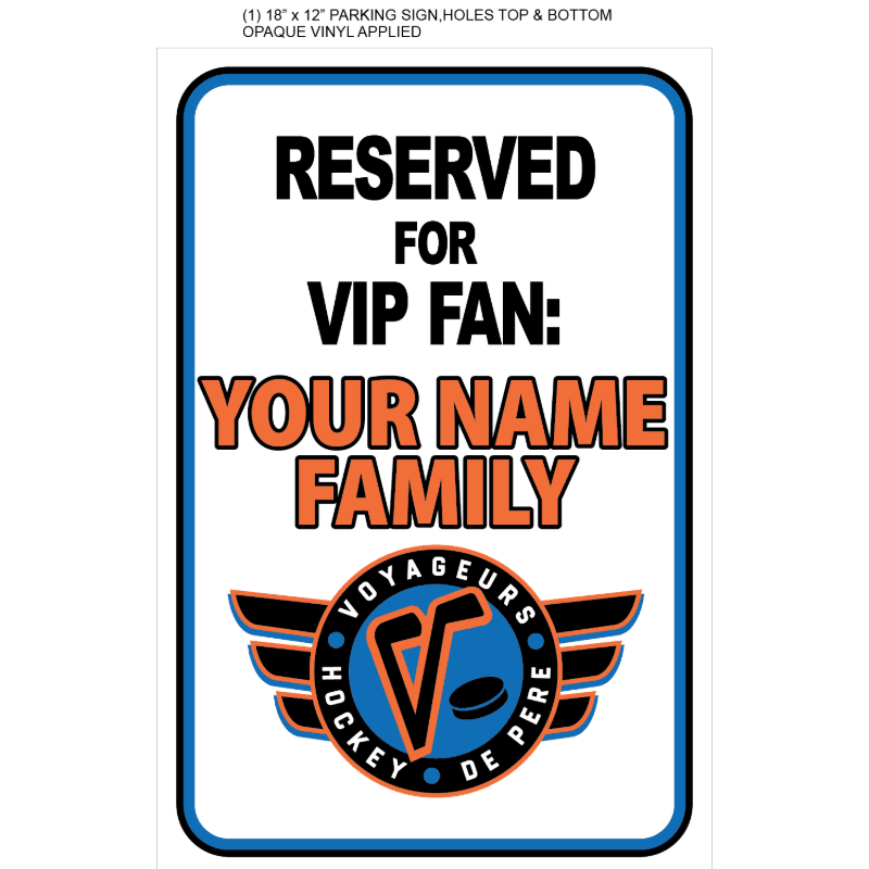 A white parking sign with a blue border features black and orange text and a hockey logo in the foreground against a plain white background.