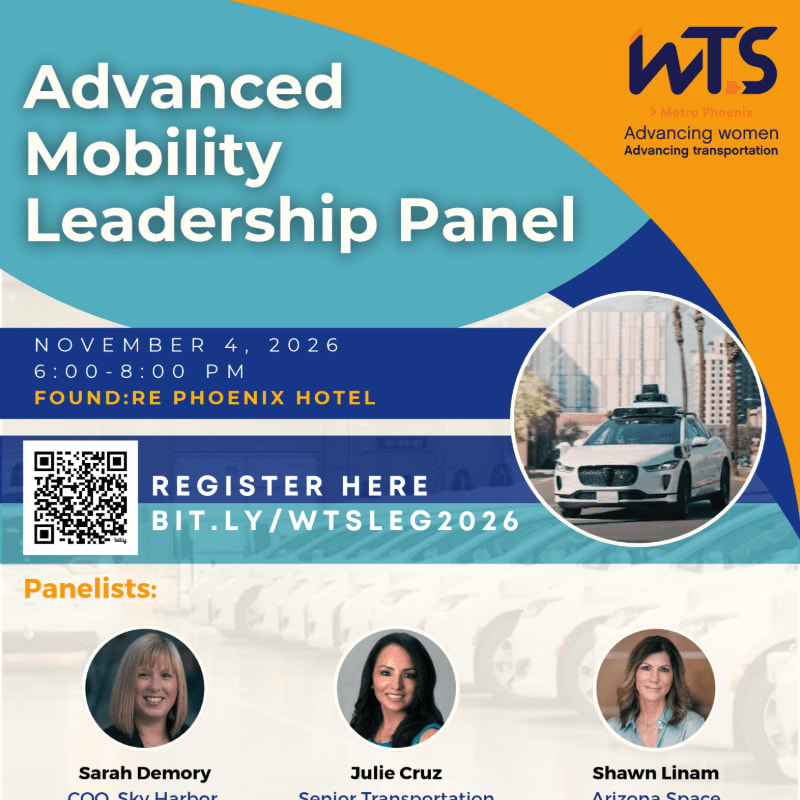 An event flyer for an "Advanced Mobility Leadership Panel" features text and a self-driving car in the foreground against a colorful blue and orange background.